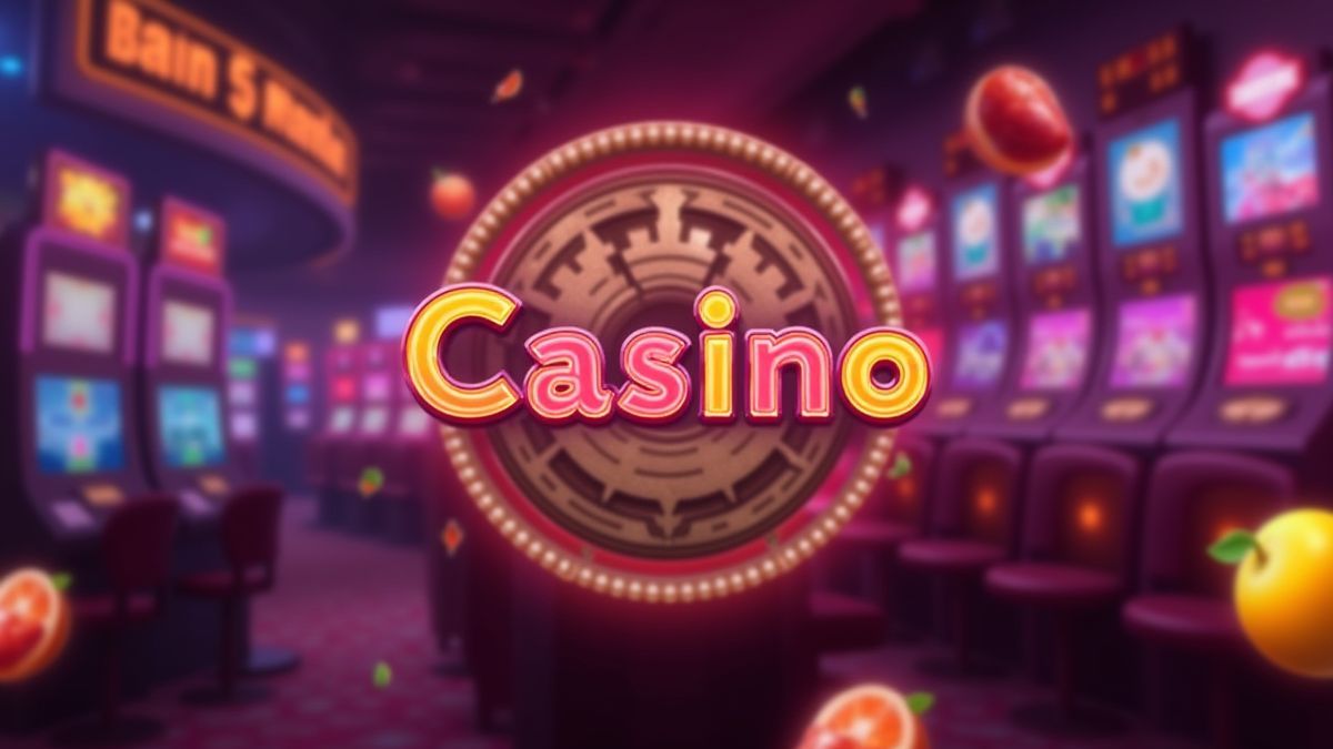 Fundo retro de casino com luzes e símbolos frutais.