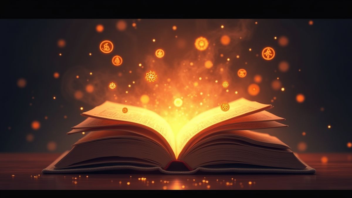 Livro mágico com símbolos flutuando ao redor.