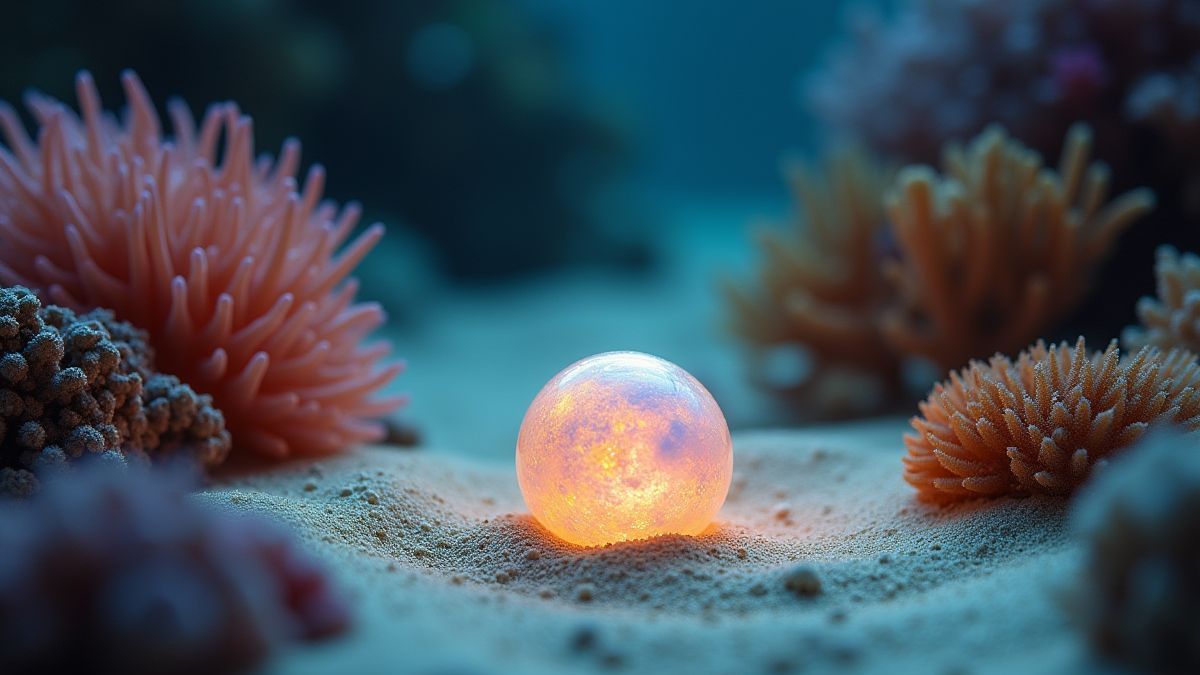 Una perla luminosa en el fondo marino rodeada de coral vibrante.