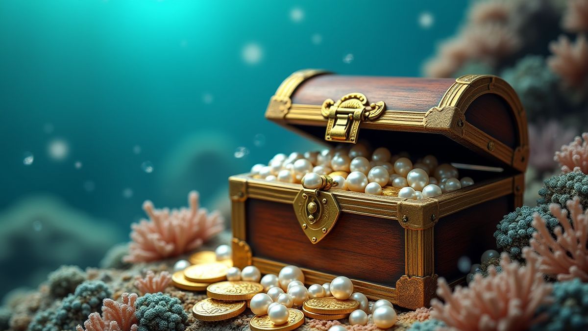 Un cofre del tesoro lleno de perlas y monedas de oro en un arrecife de coral.
