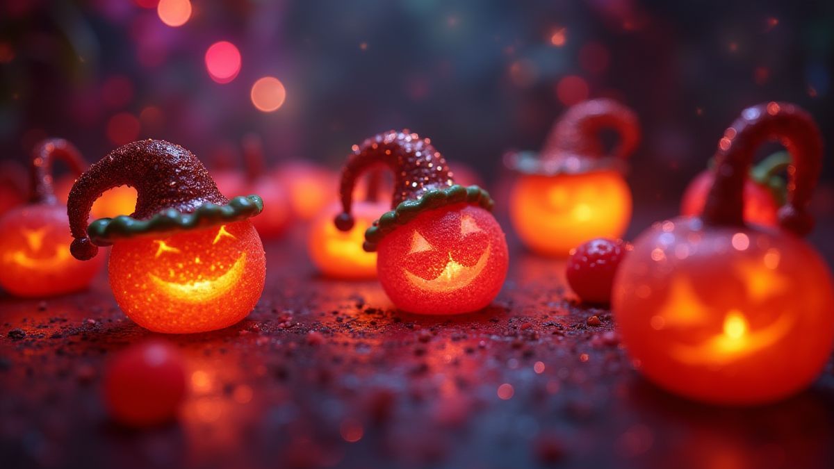 Frutas brillantes y sombreros de joker en un ambiente festivo.