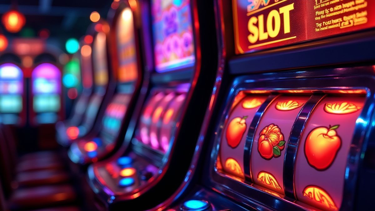 Retro slot machine with neon lights and fruit symbols in a casino.