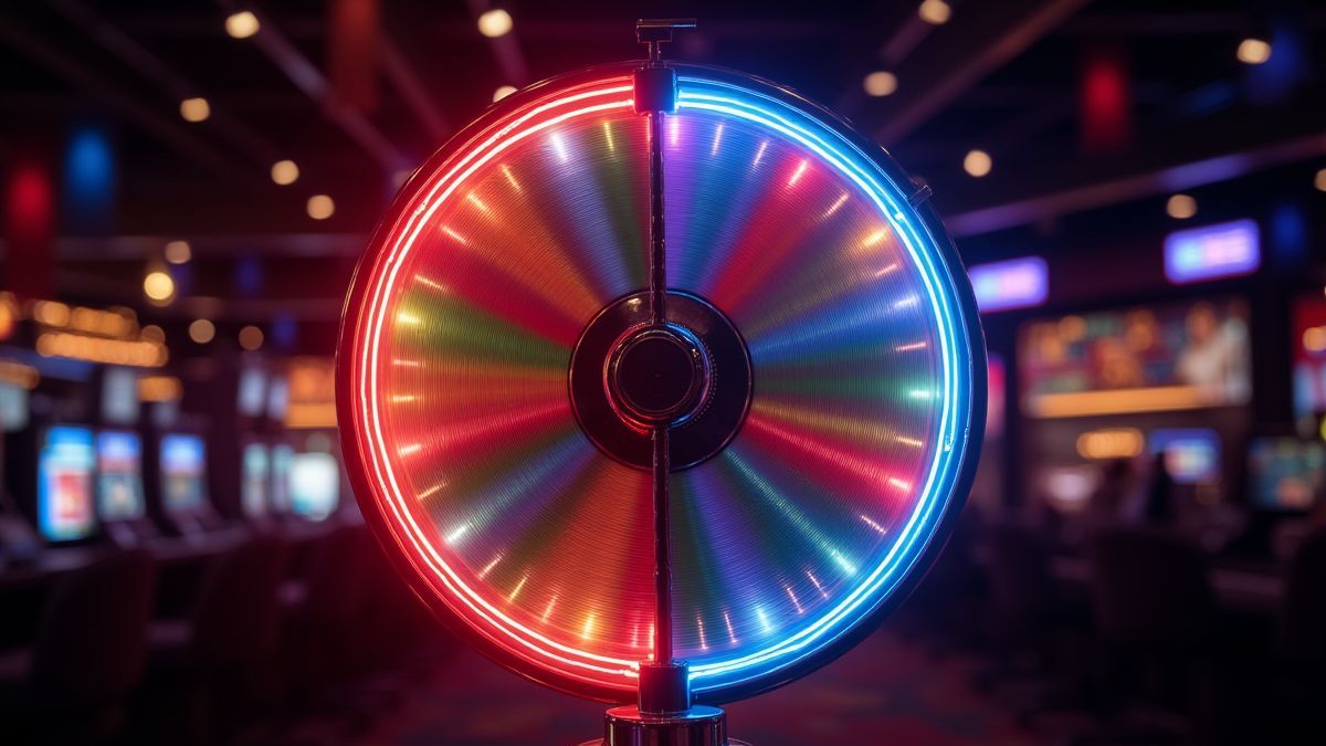 Glowing wheel of fortune spinning in a dark casino.