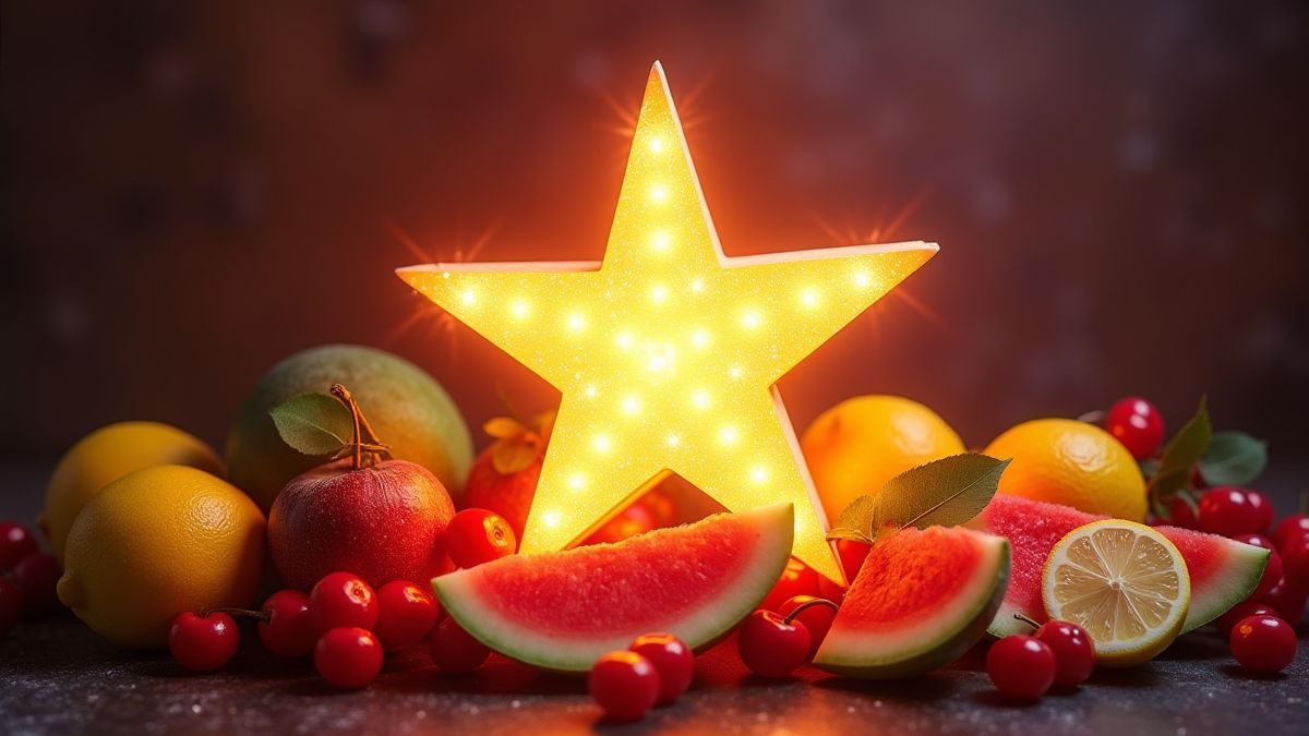 Leuchtende Stern umgeben von bunten Früchten.