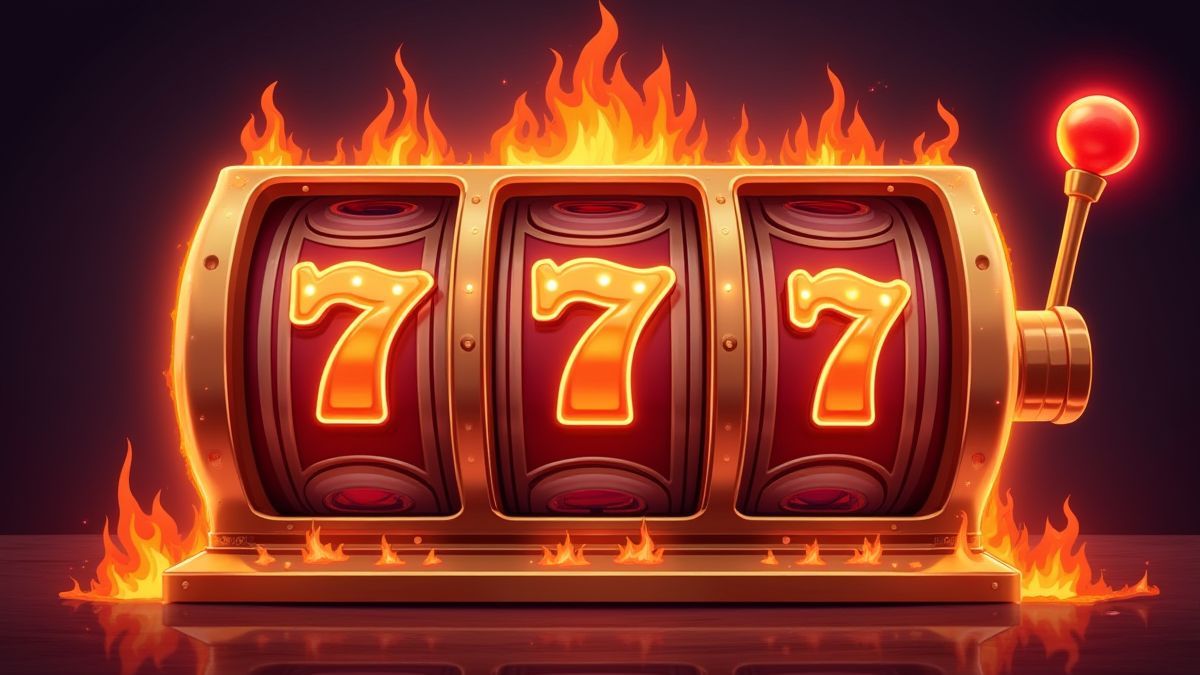 Una máquina tragaperras retro con llamas y carretes brillantes.