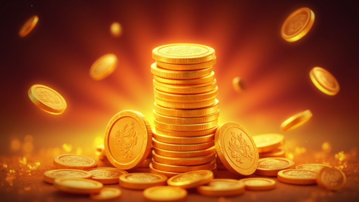 Monedas brillantes con un fondo ardiente.