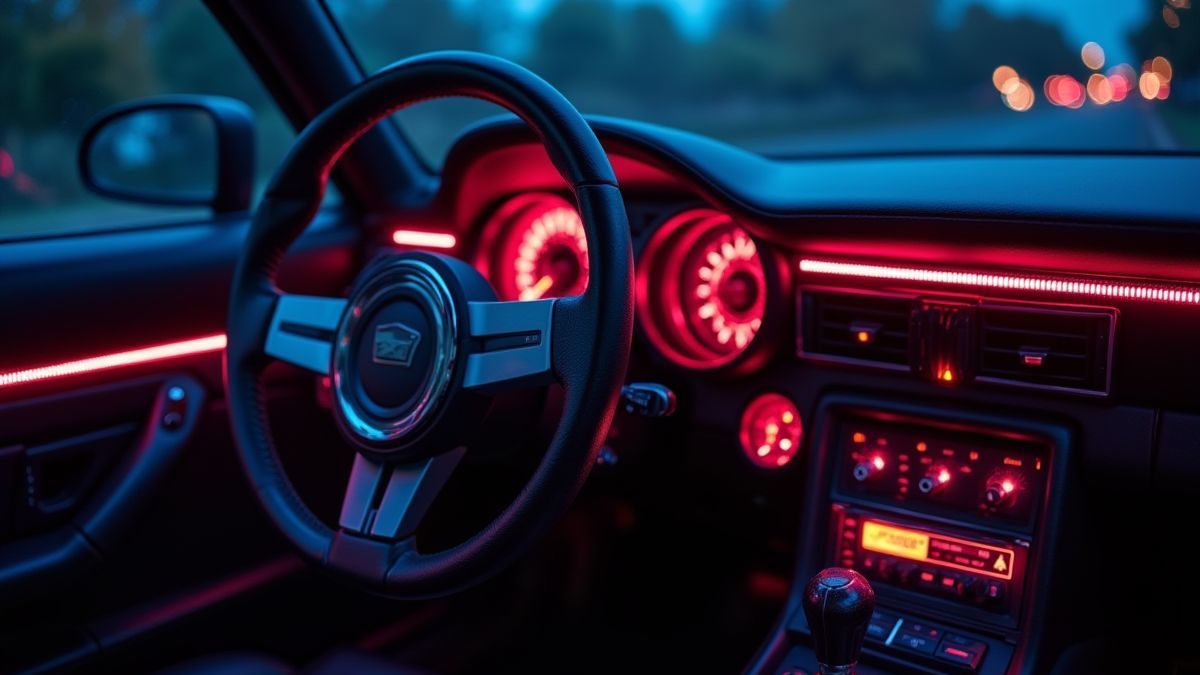 Interiores de un coche deportivo retro con luces de neón.