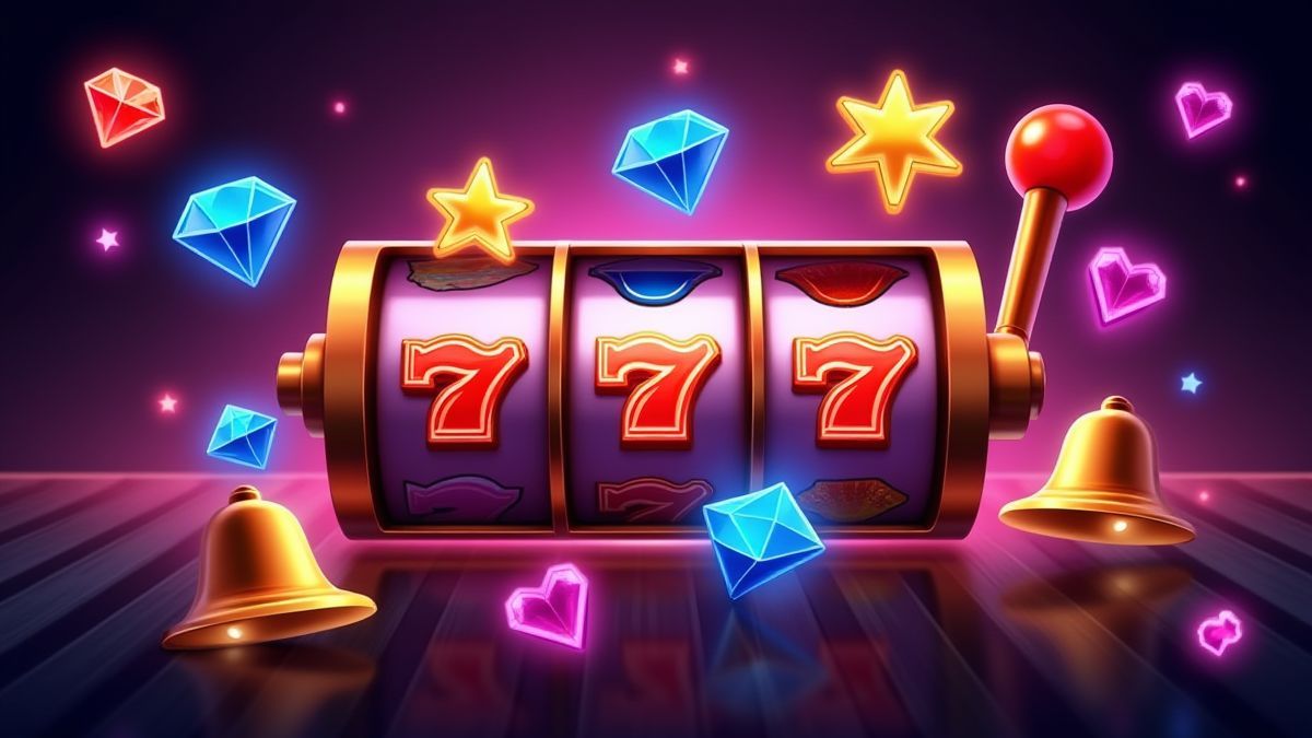 Símbolos de slot coloridos rodeados de luces neón.