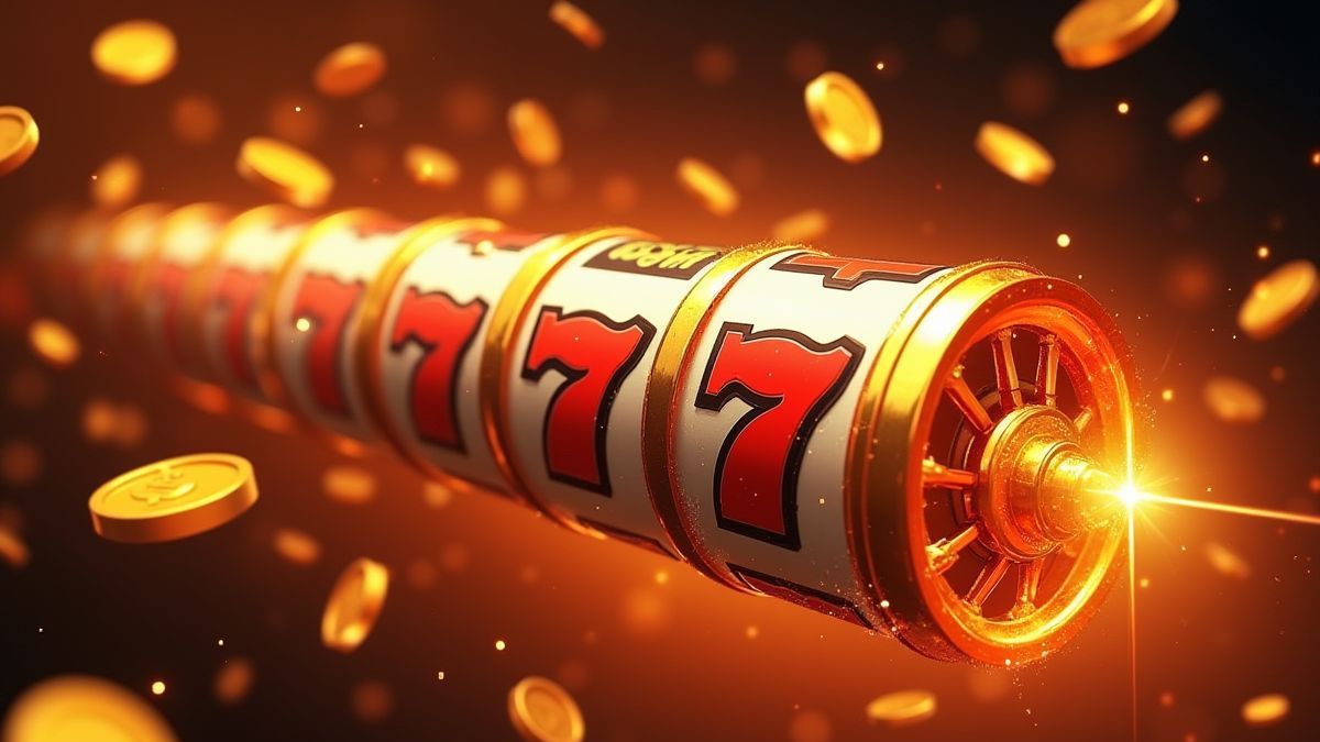 Carretes giratorios con efectos ardientes y monedas doradas.