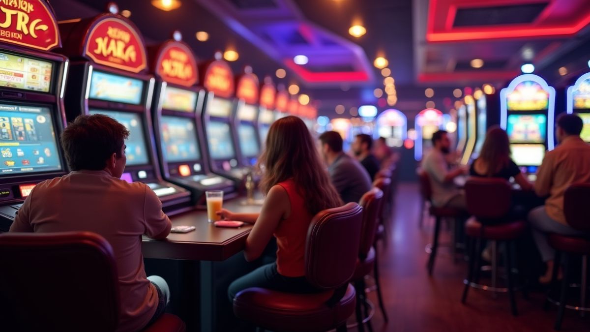 Jugadores disfrutando de máquinas tragamonedas en un casino.
