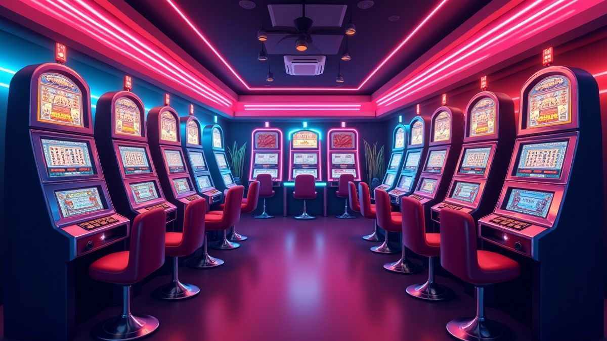 Retro casino room with illuminated slot machines