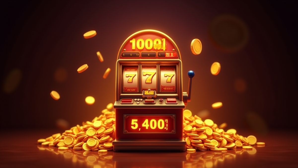 Classic slot machine surrounded by golden coins and multipliers
