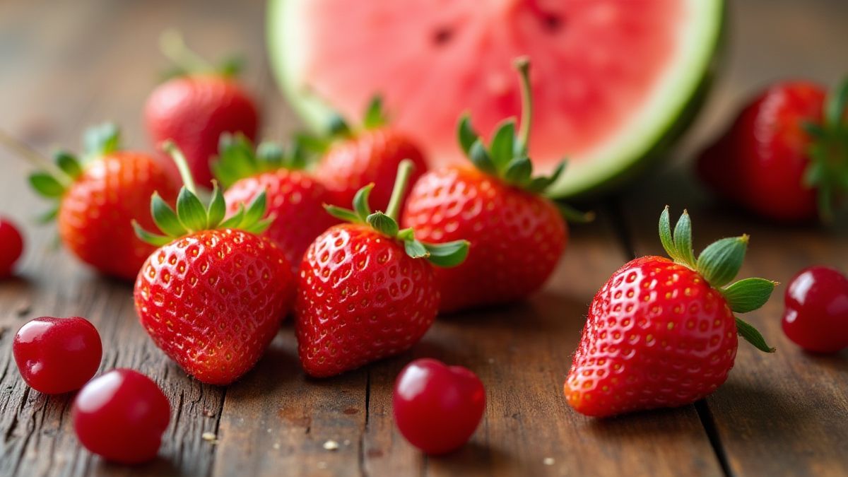 Vibrant fruits on a wooden table.