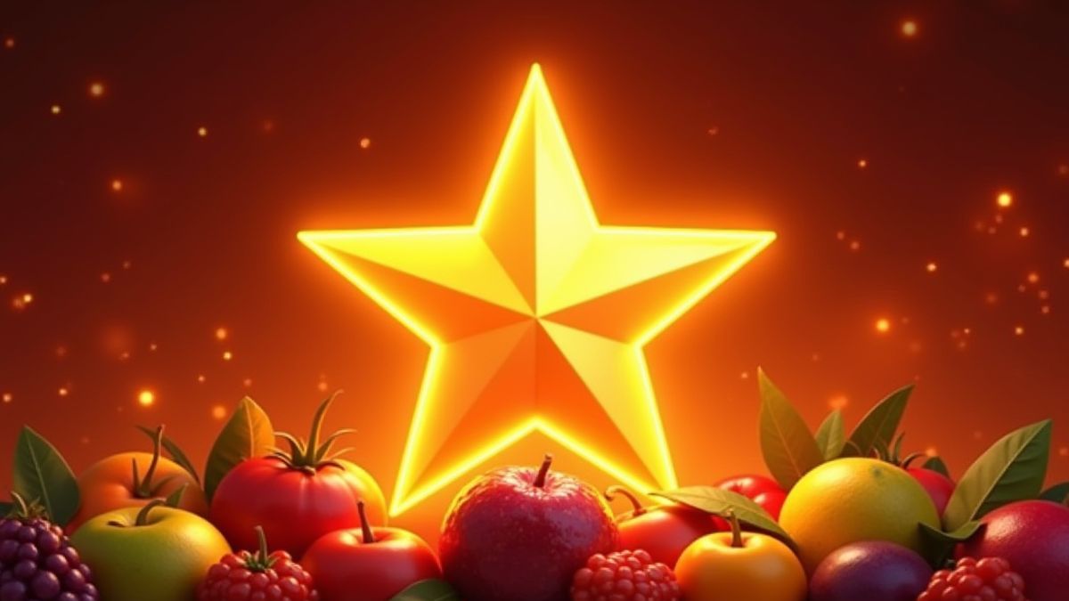 Golden star surrounded by vibrant fruits.