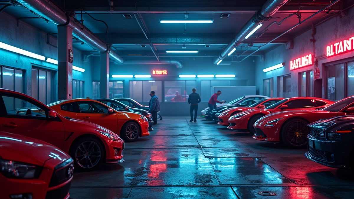 Taller iluminado con coches deportivos listos para correr.