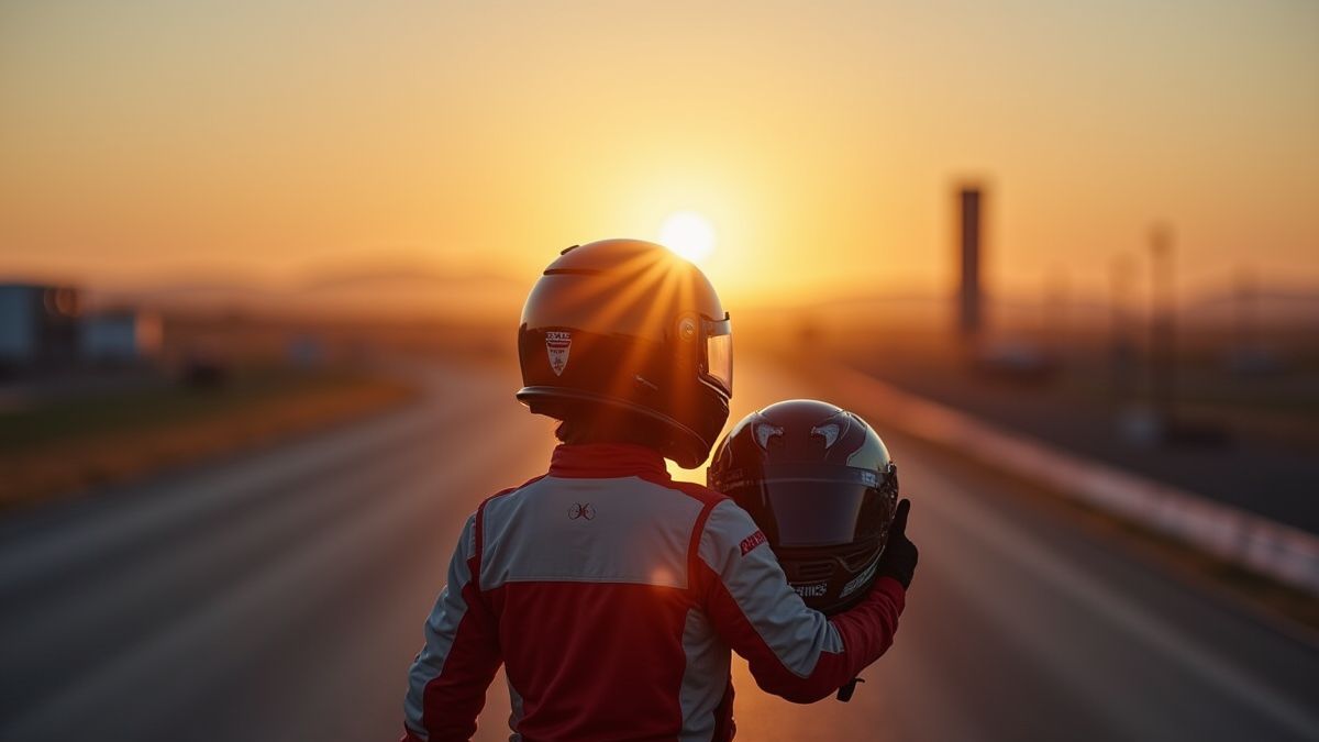 Corredor con casco frente a un circuito al atardecer.