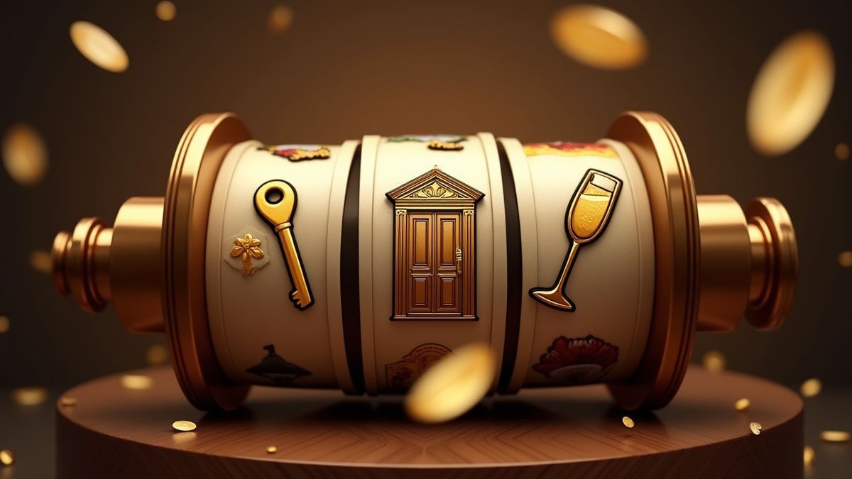 Rouleaux tournants avec des symboles de luxe comme des clés dorées et des coupes de champagne.
