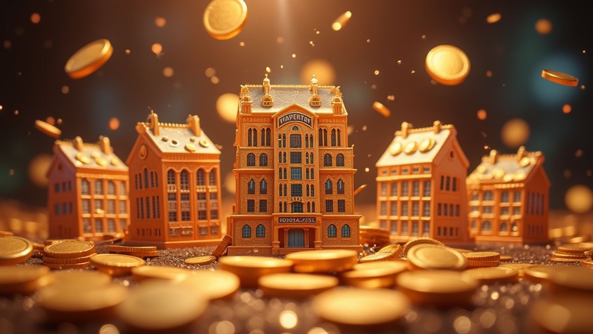 Animation de pièces volant autour de symboles d'hôtel avec des effets de multiplicateur.