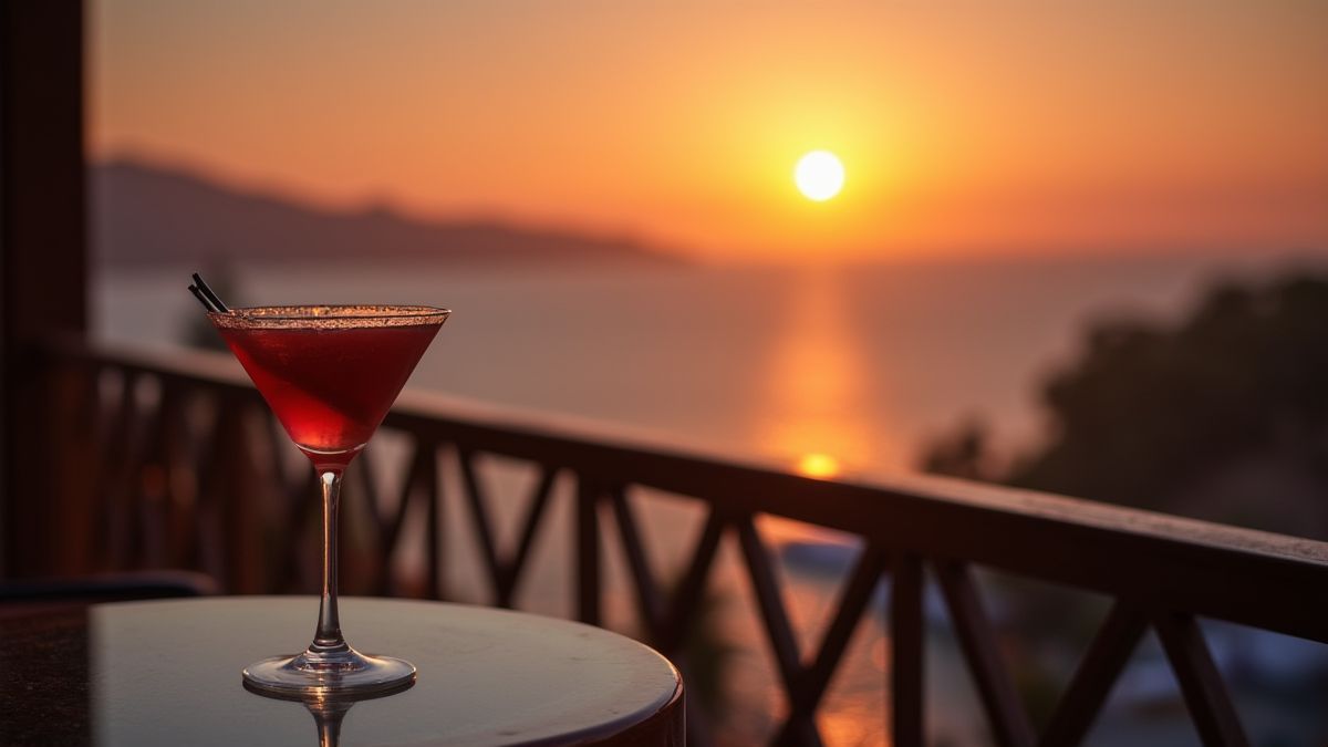Balcon d'hôtel avec vue sur le coucher de soleil et un cocktail sur la table.