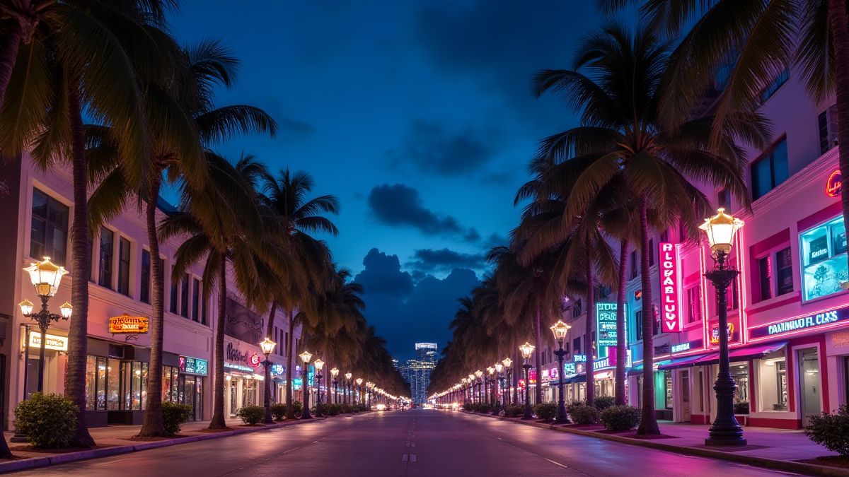 Las calles de Miami iluminadas por luces de neón en la noche.