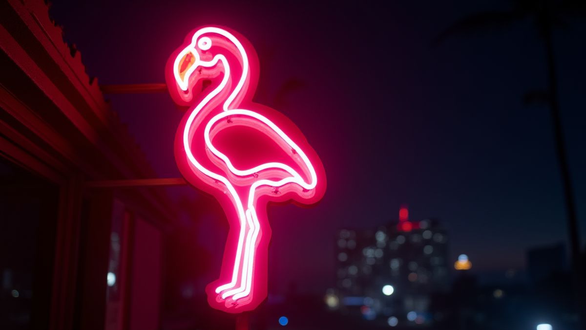 Un flamenco de neón iluminado en la noche de Miami.