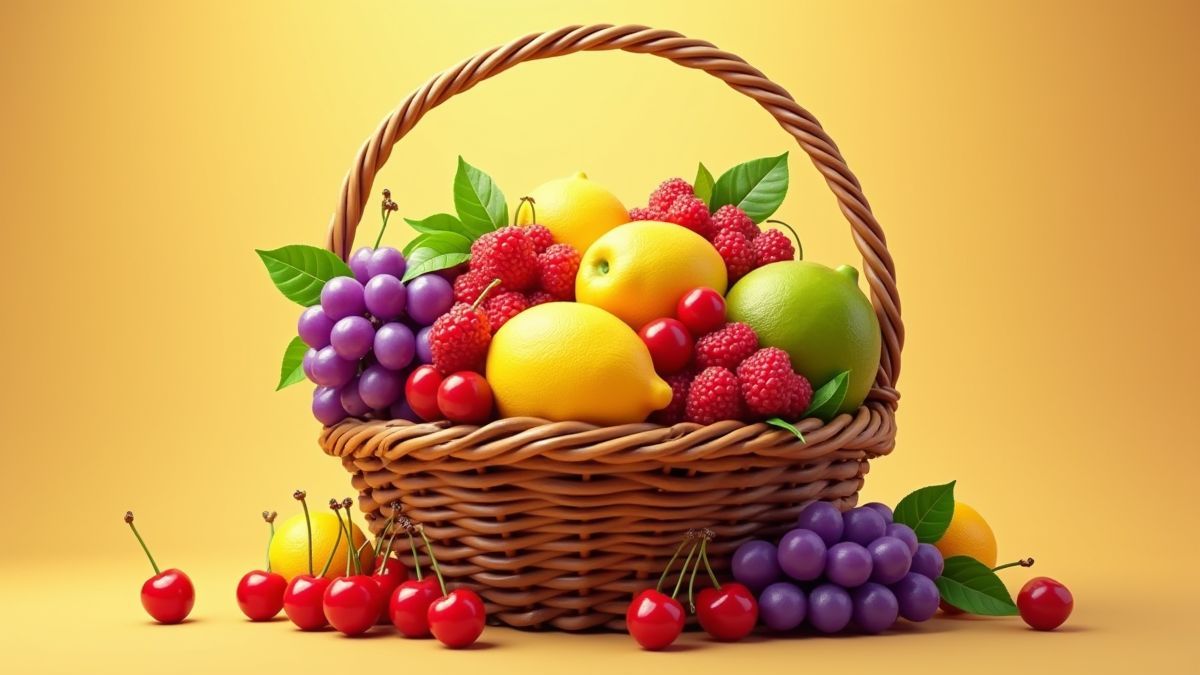 Panier de fruits débordant de cerises, de citrons et de raisins