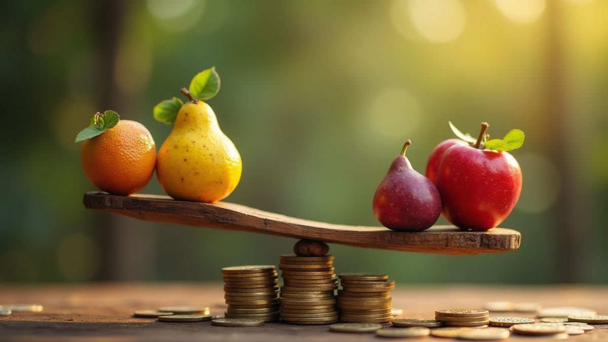 Balance avec des jetons et des symboles de fruits