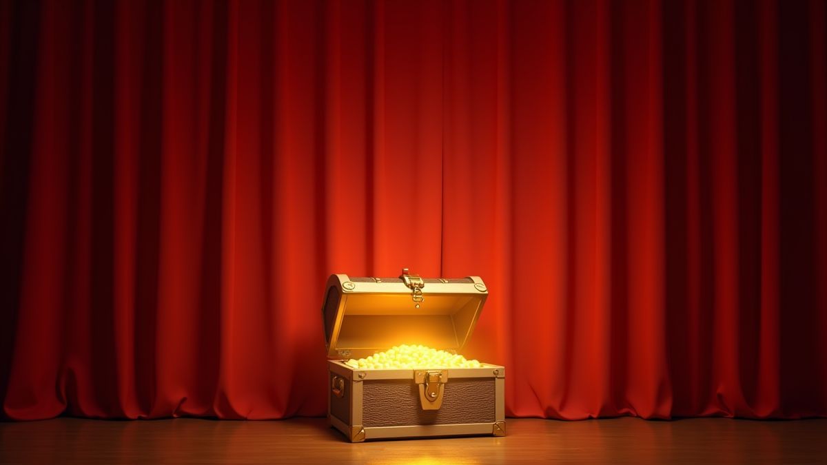 Cenário com cortinas vermelhas e um baú aberto.