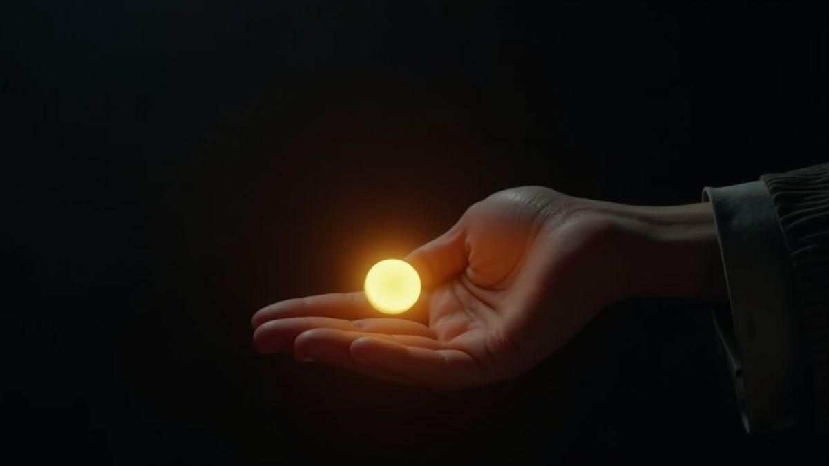 Mão de mágico com uma moeda brilhante.