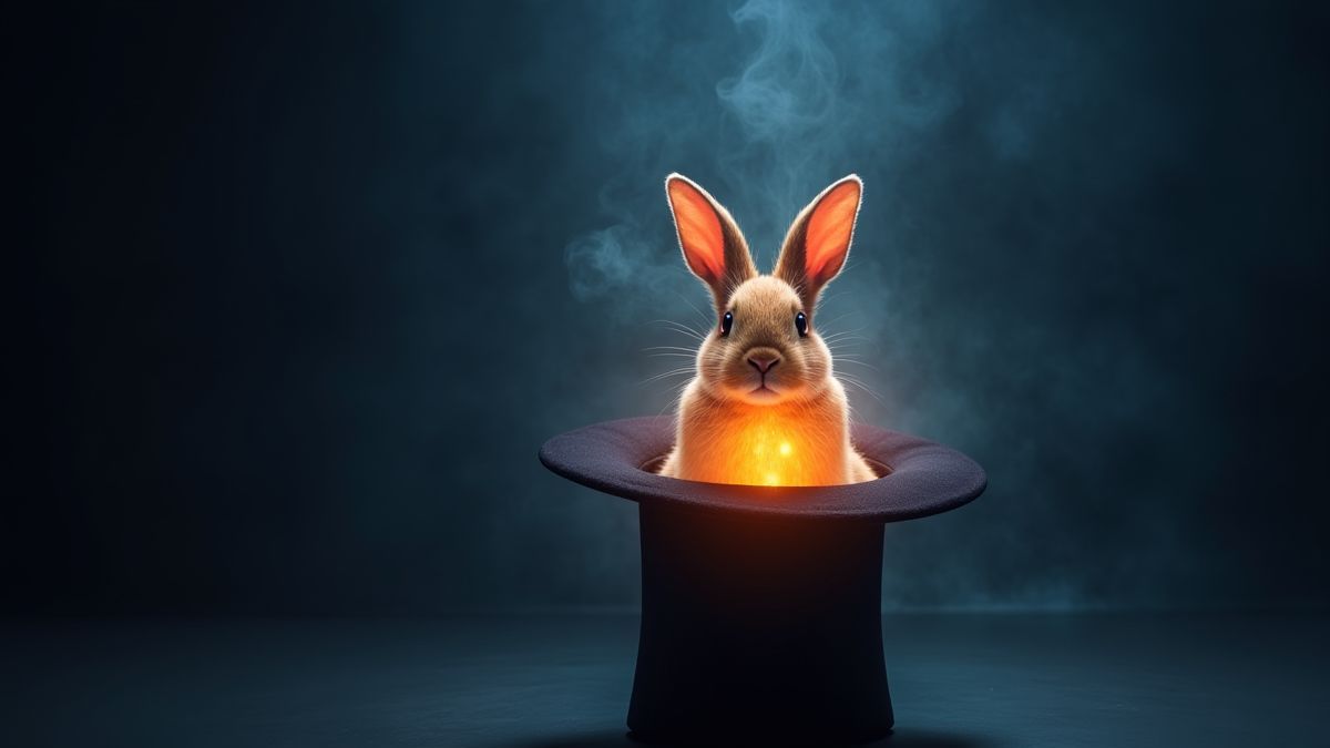 Mágico tirando um coelho brilhante de um chapéu.