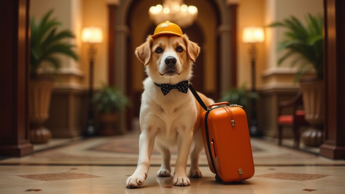 Een bellboy hond in de lobby van een luxe hotel.