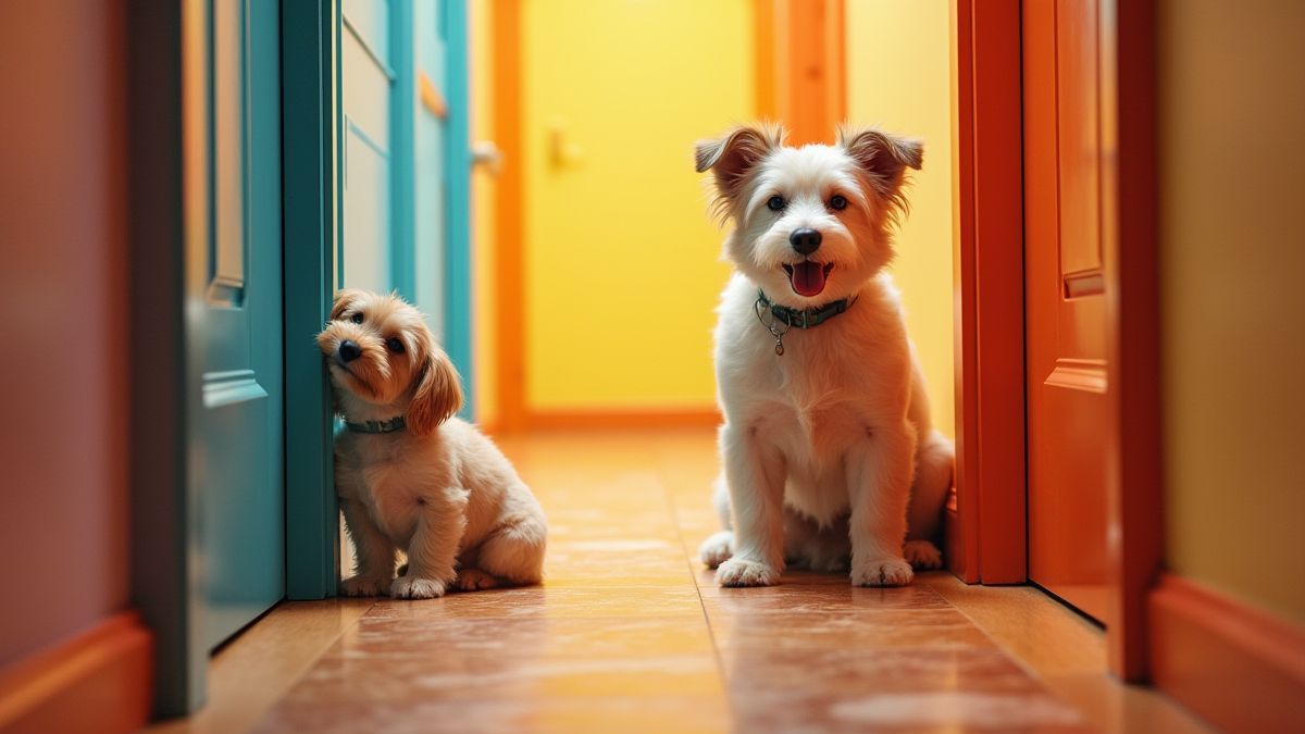 Honden die deuren kiezen in een kleurrijke hotelgang.