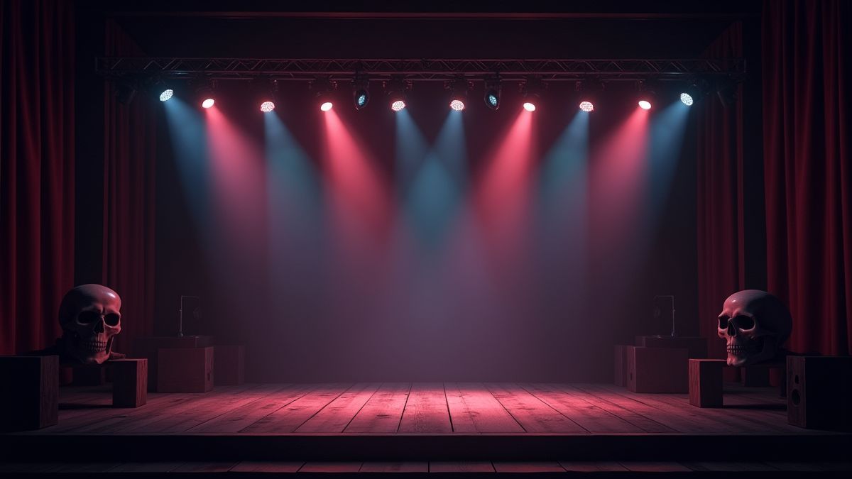 Un escenario de heavy metal con luces oscuras y decoraciones de calaveras.