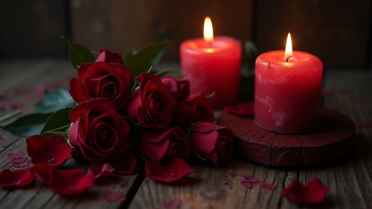 Gothic candles and dark roses on a wooden table.