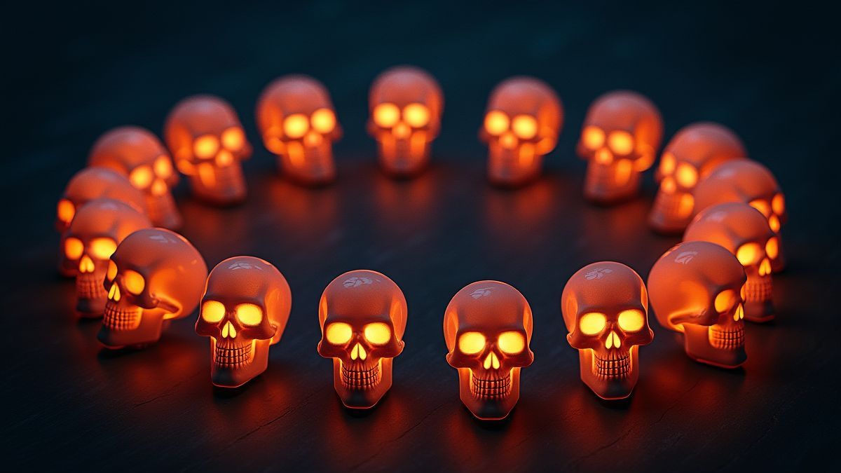 Glowing skulls arranged in a mystical circle.