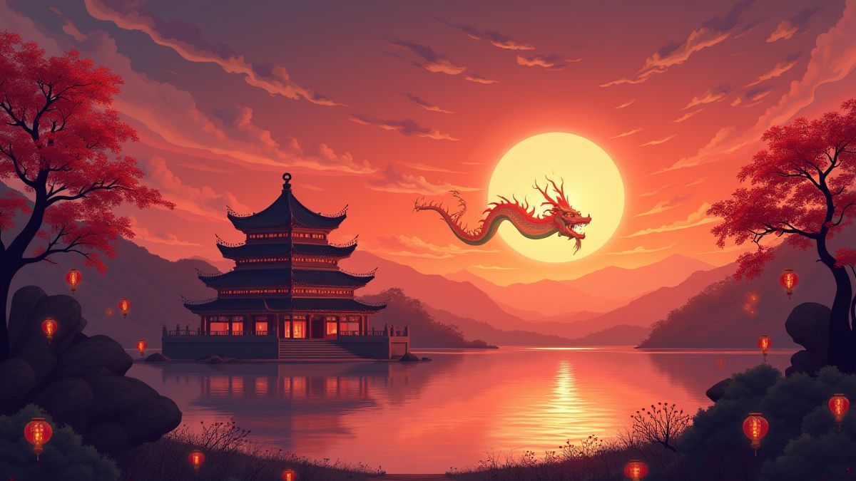 Temple chinois au coucher du soleil avec lanternes et dragons brillants.