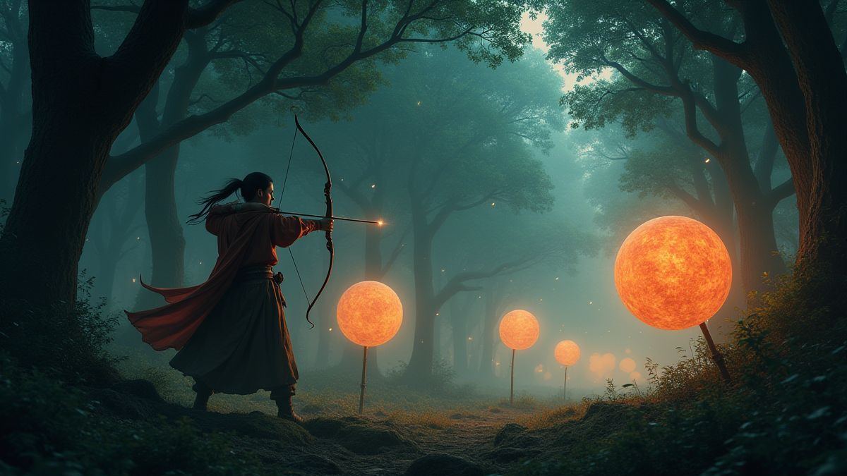 Archer pointant vers des cibles brillantes dans une forêt orientale.