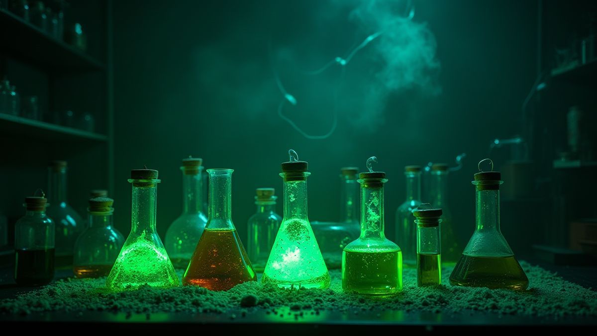 Laboratoire effrayant avec des liquides verts brillants et de l'équipement scientifique éparpillé.