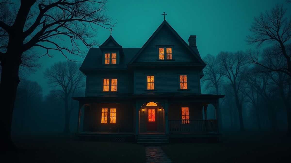 Ein gruseliges Haus mit beleuchteten Fenstern und unheimlicher Atmosphäre.