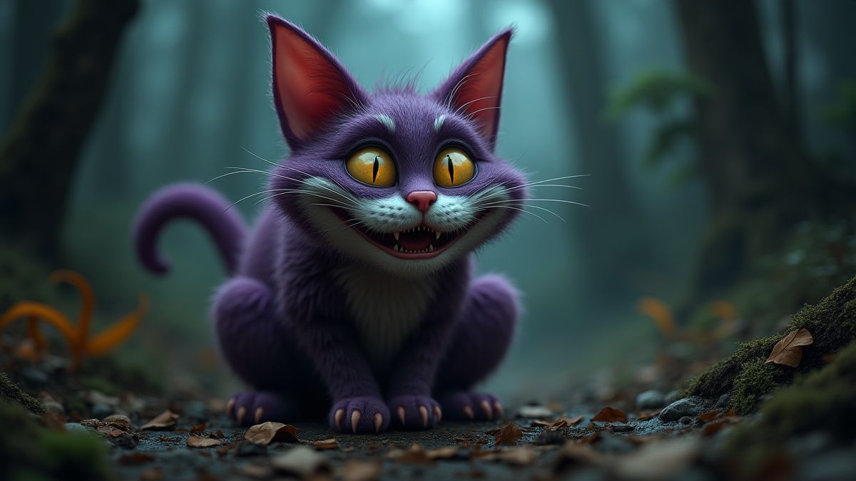 Eine eigenartige Cheshire-Katze in einer gruseligen Umgebung.