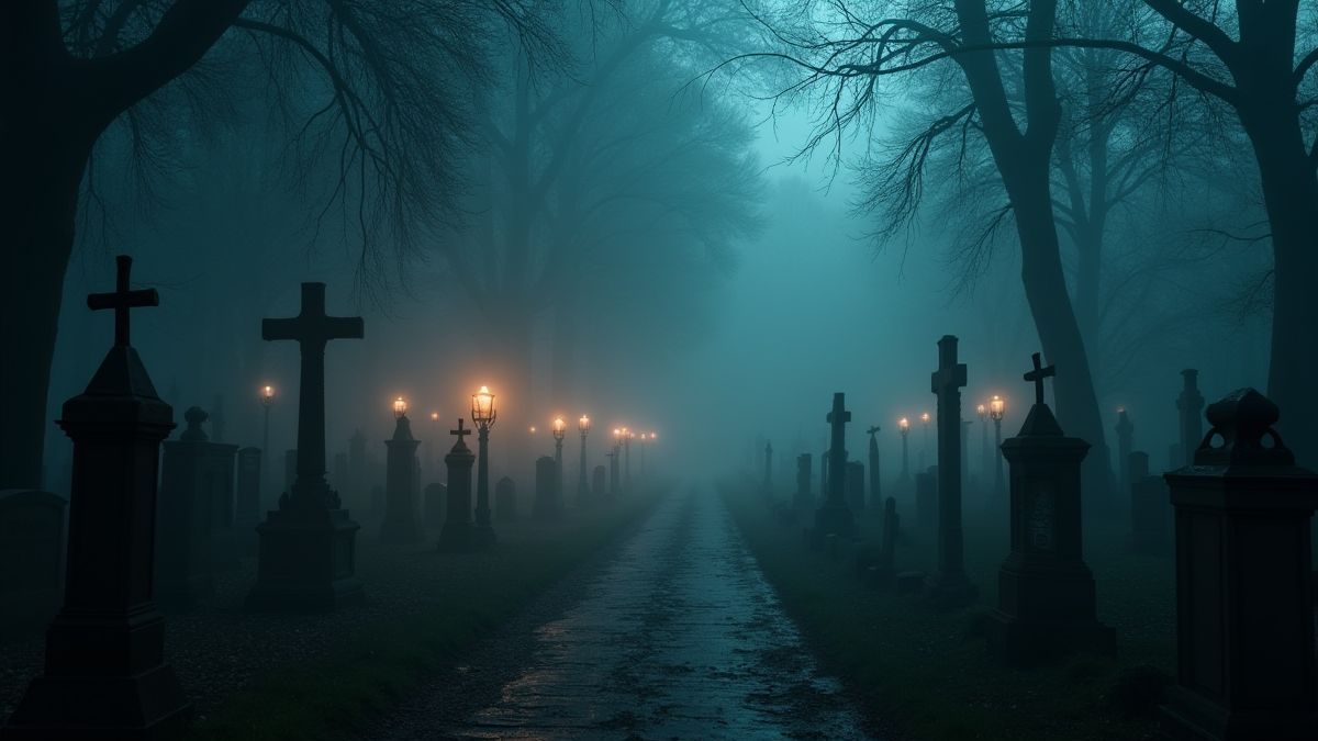 Cementerio espeluznante con niebla y faroles brillantes.