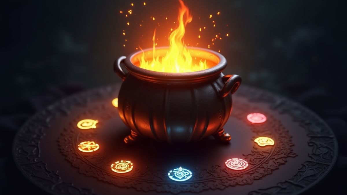 Caldero de bruja brillante rodeado de símbolos místicos.