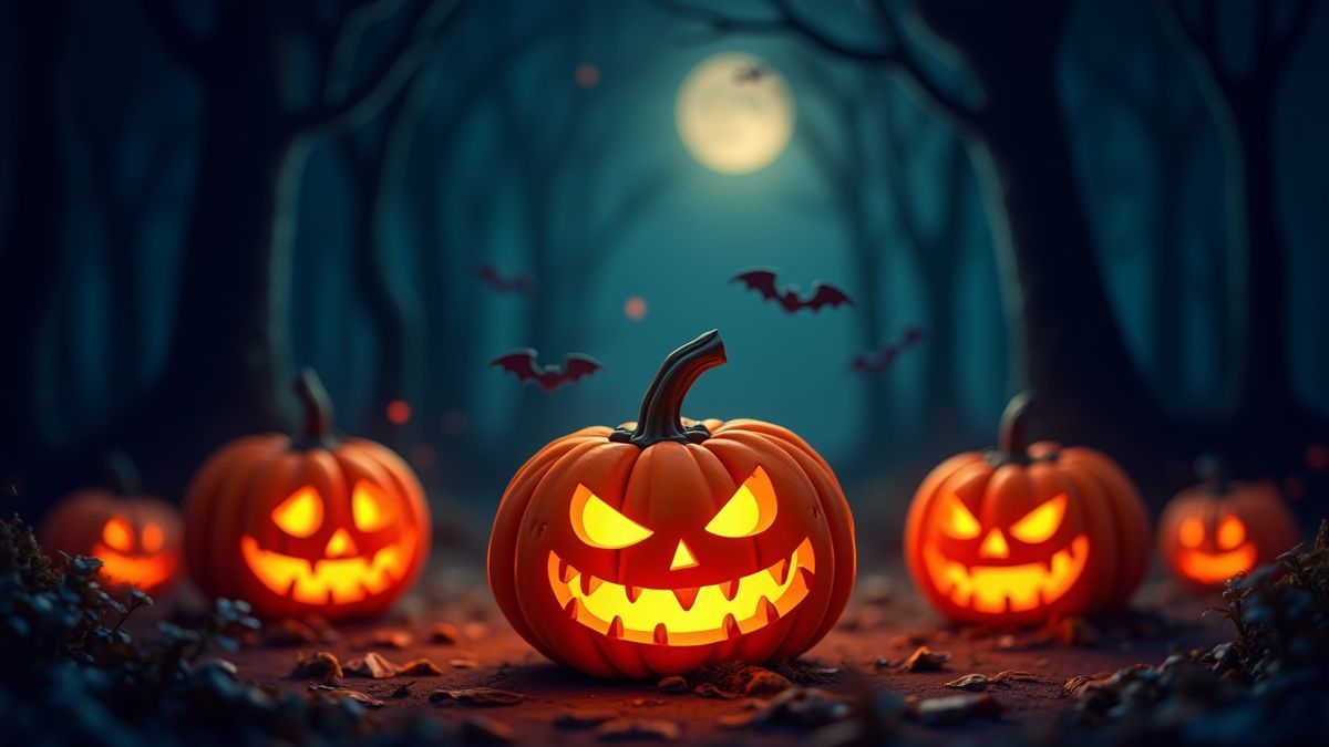 Glowing pumpkins in a dark forest with flying bats.