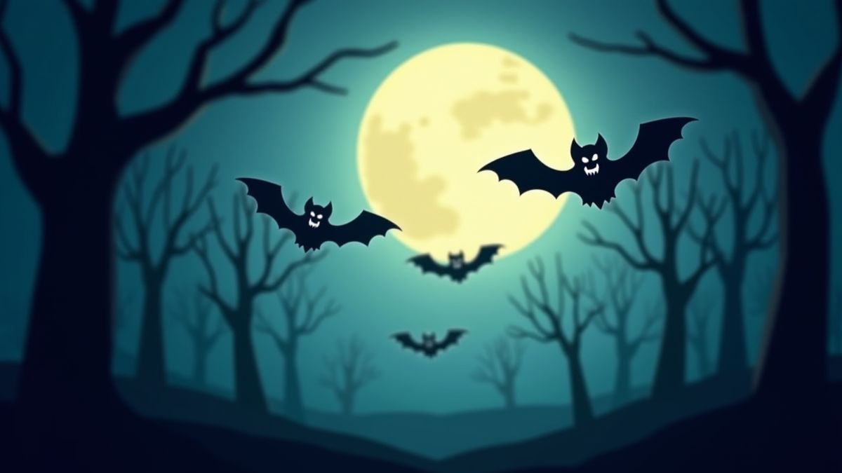 Cartoonish bats flying under the full moon.