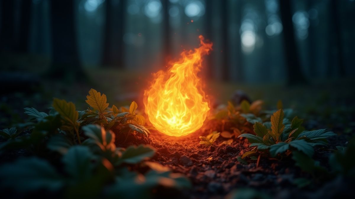 Leuchtendes Scatter-Symbol umgeben von Blättern des Waldes und Mondlicht.