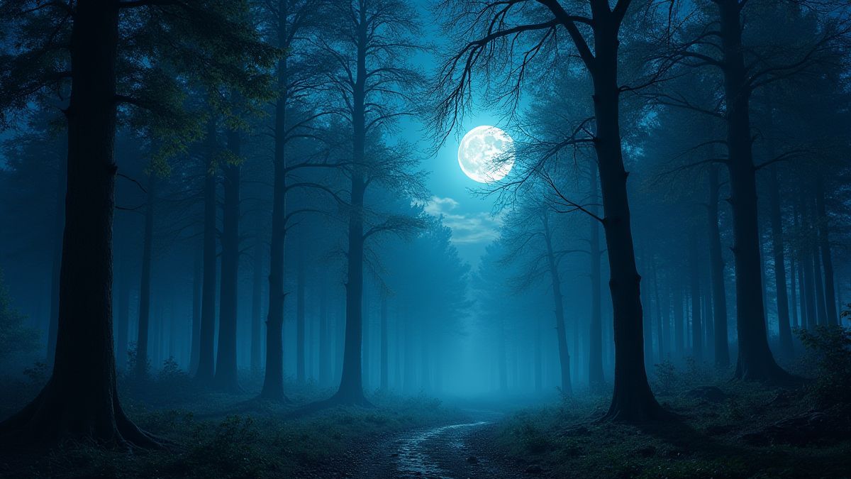 Uma floresta iluminada pela luz da lua com árvores resplandecentes.