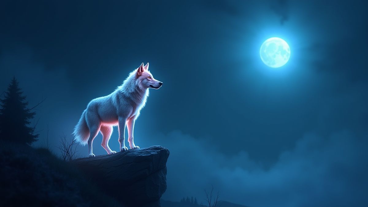 Um lobo resplandecente em um penhasco iluminado pela lua.