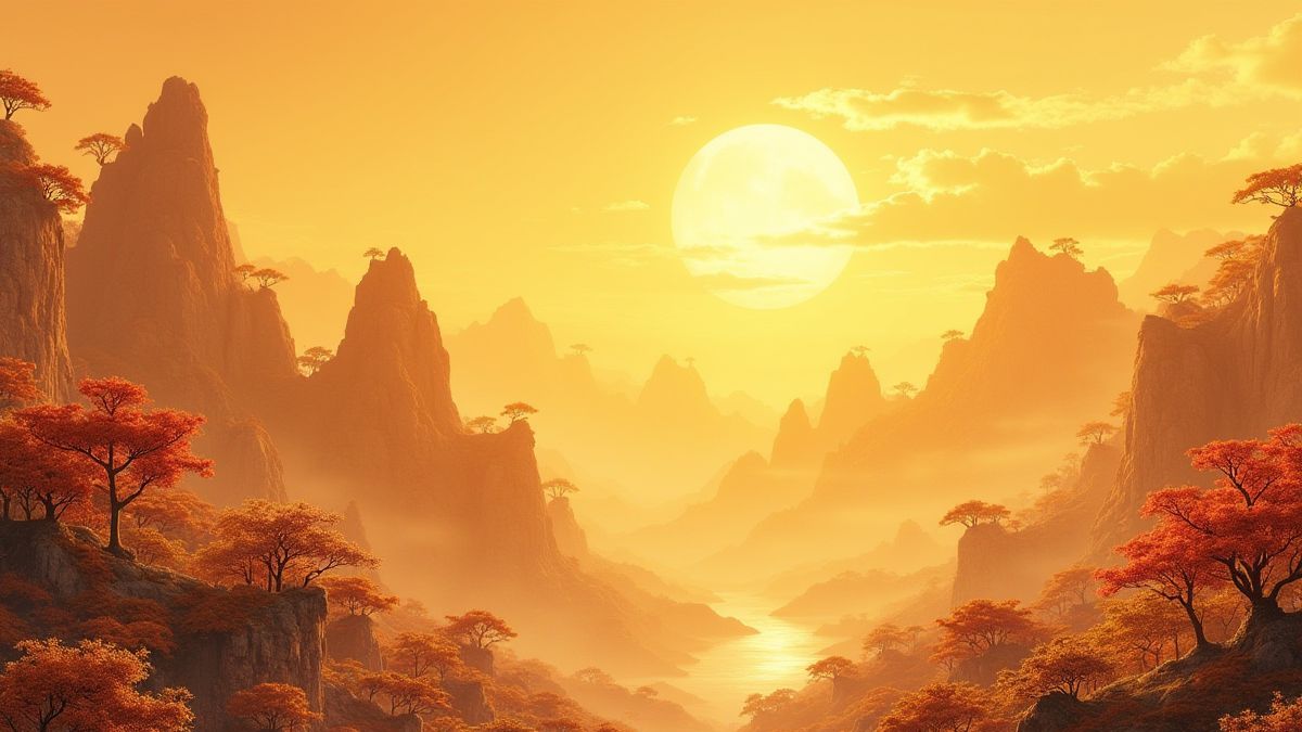 Paisaje montañoso dorado con símbolos chinos antiguos.