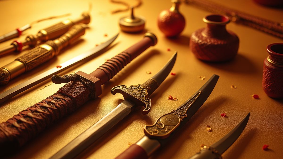 Objetos tradicionales chinos como espadas e instrumentos musicales sobre fondo dorado.