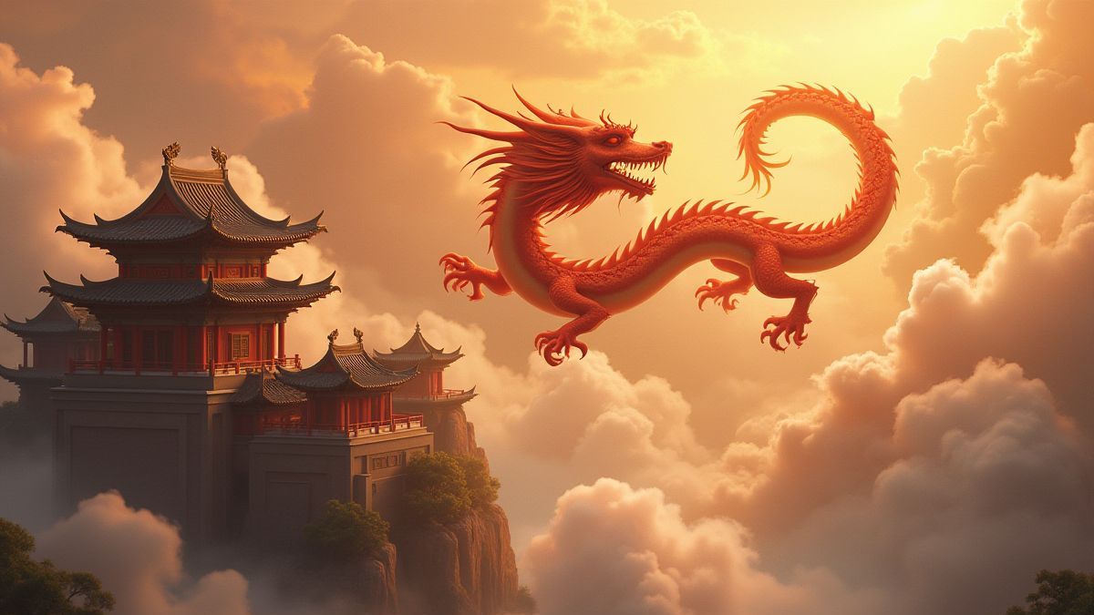 Dragón majestuoso sobre arquitectura china antigua con nubes doradas.